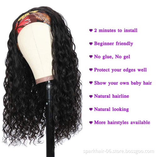 Full Cuticle Curly Headband Wigs Human Hair Glueless None Lace 10A Virgin Peruvian Head Band Double Drawn Human Hair Wigs